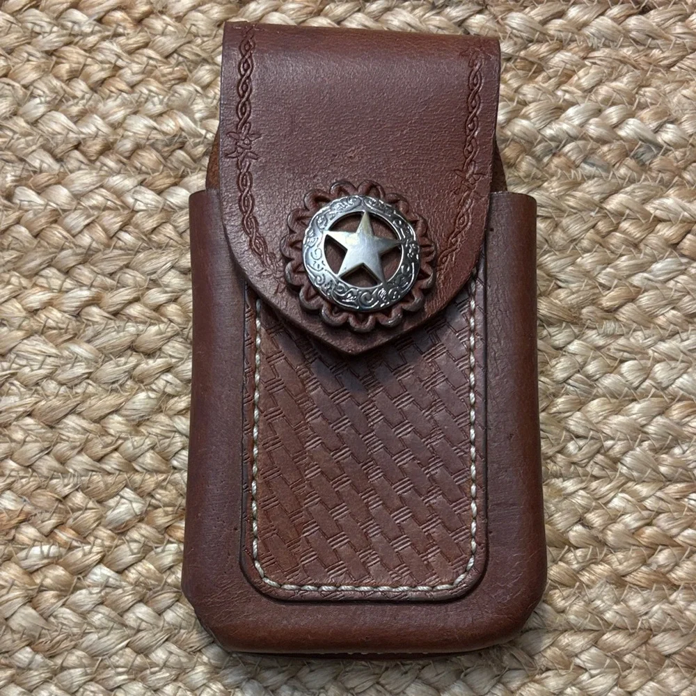 Brown Leather Phone Holster with Star Button